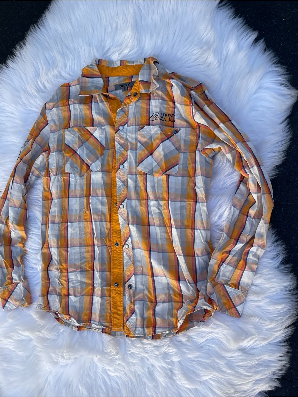DKNY Orange and White Plaid Button-Up Shirt